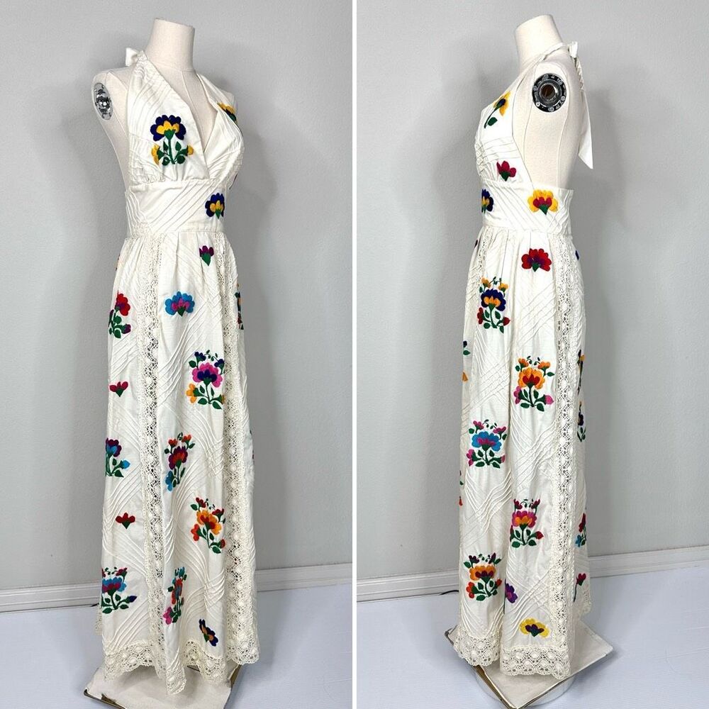 Vintage 70s Embroidered Floral Halter Maxi Dress Sz S Boho Cottage Garden - Picture 5 of 15